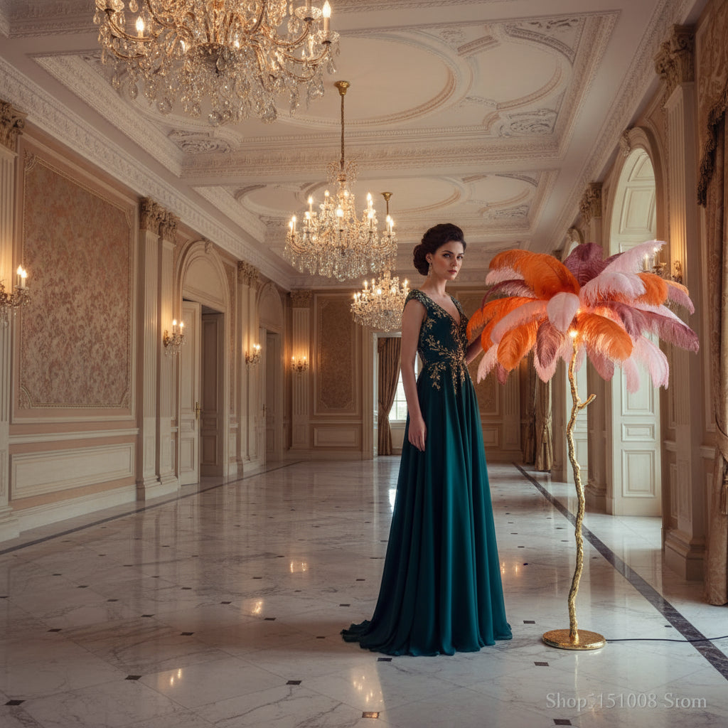 Ostrich Feather Brass Tabel Lamp